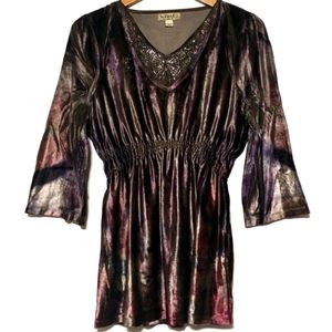 EUC ONE WORLD Bohemian Velvet Babydoll Empire Bell-Sleeve Beaded V-Neck Tunic